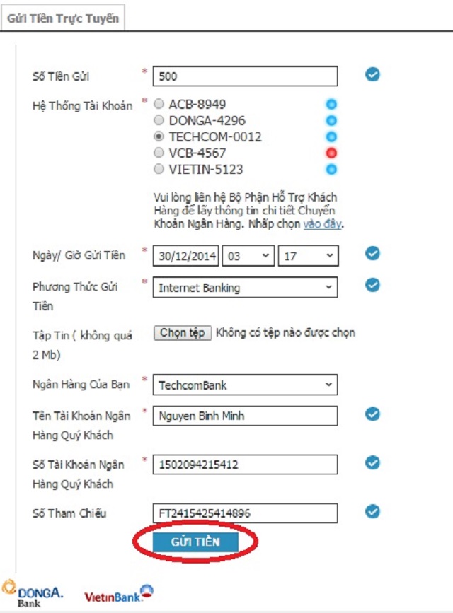 Điền các thông tin đầy đủ mới có thể gửi tiền