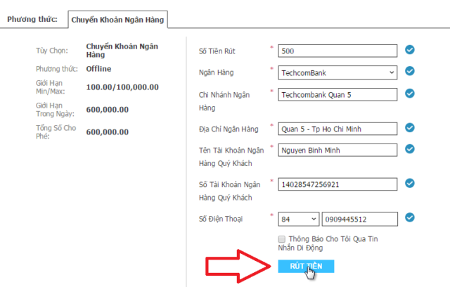 Điền các thông tin và bấm chọn rút tiền
