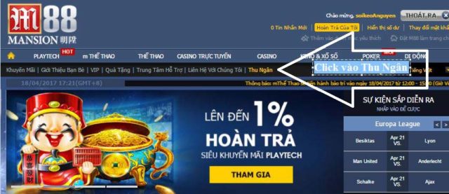 Click vào thu ngân để rút tiền từ M88