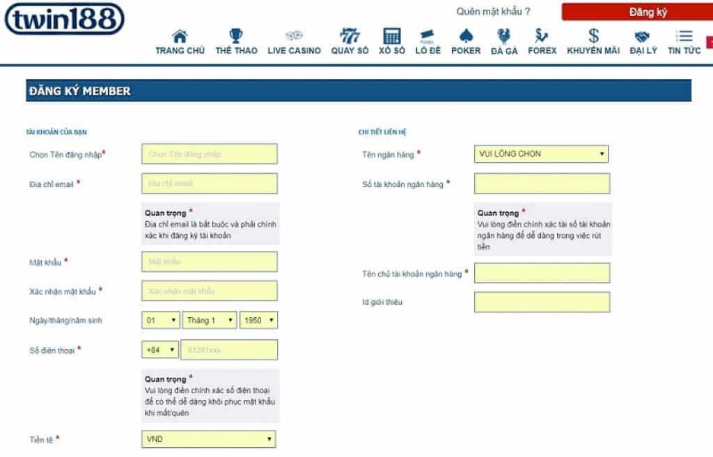 Đăng ký tài khoản tại Twin188 vô cùng đơn giản